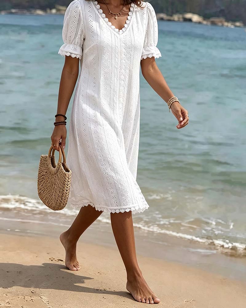 Solid V-Neck Lace Patchwork Bubble Sleeve Dress