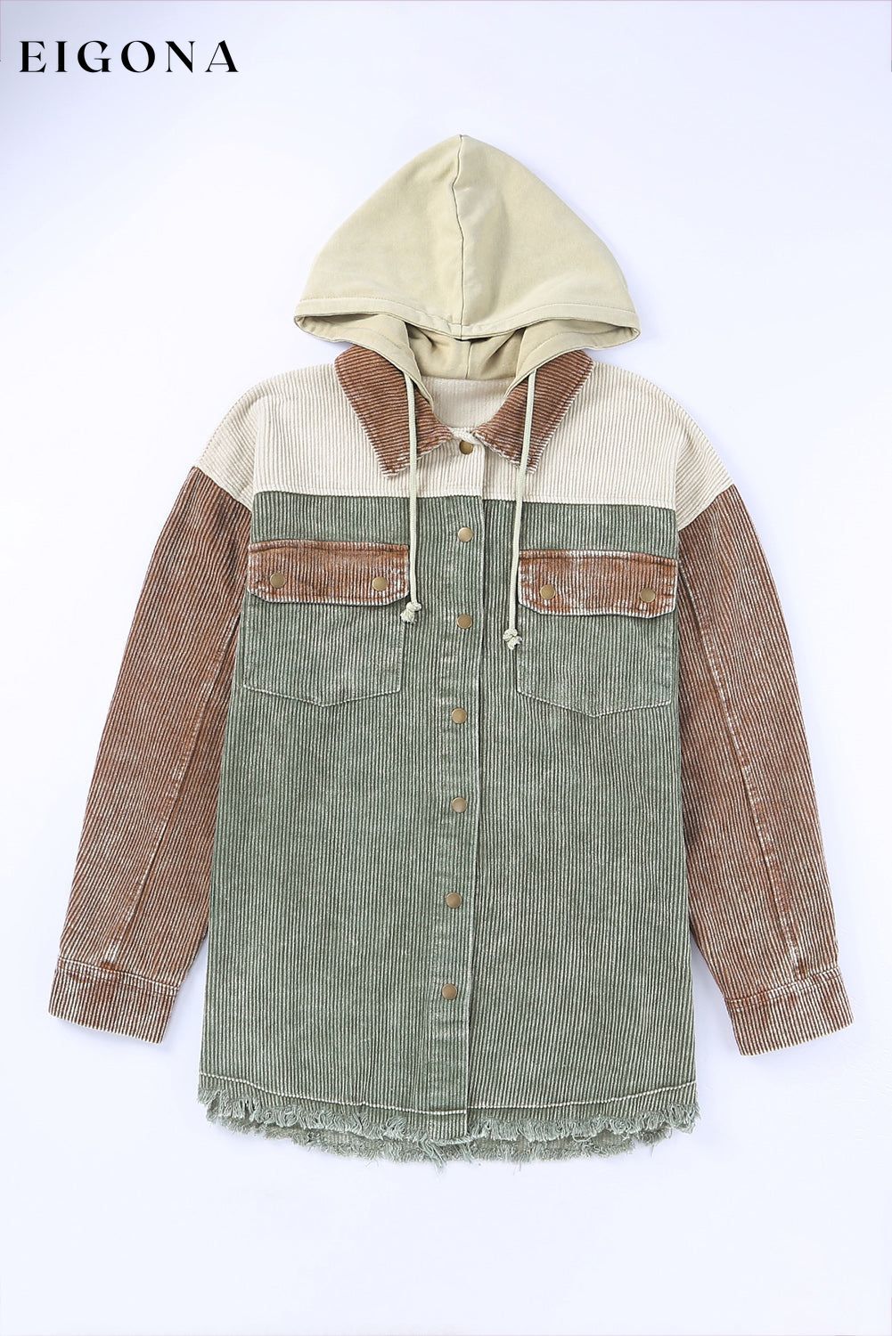 Green Color Block Button Down Hooded Corduroy Jacket All In Stock clothes Color Green Craft Washed DL Chic DL Exclusive Fabric Corduroy Hot picks jacket Jackets & Coats Occasion Daily Print Color Block Season Winter Style Casual