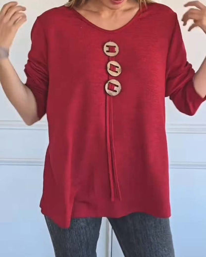 Wooden Button Long Sleeve Loose Top