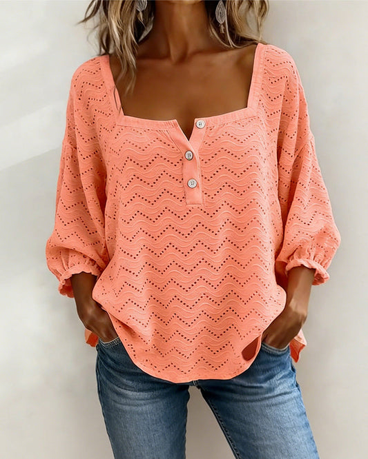 Square Neck Hollow Out Lantern Sleeve Blouse blouses & shirts spring summer