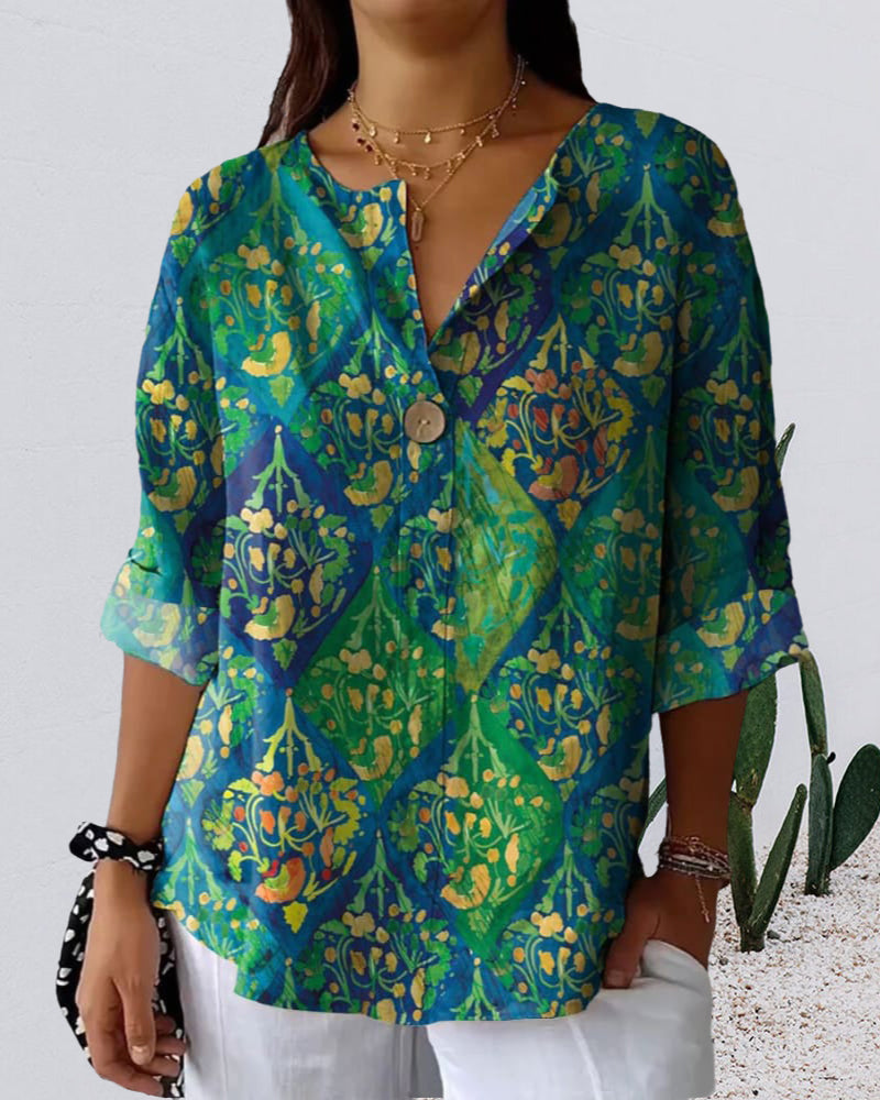 Vintage printed V-neck three-quarter sleeve blouse 202466 blouses & shirts spring summer