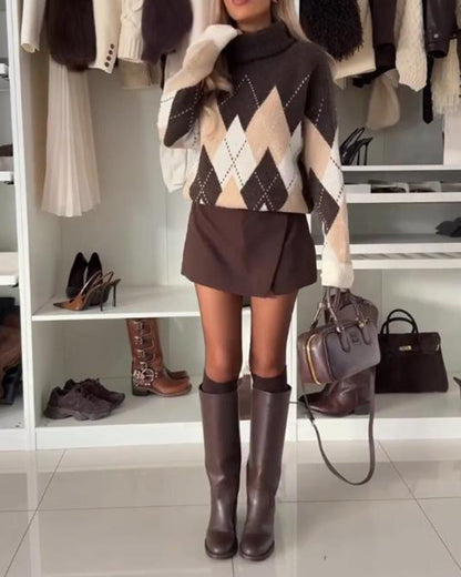 Argyle Turtleneck Oversized Sweater