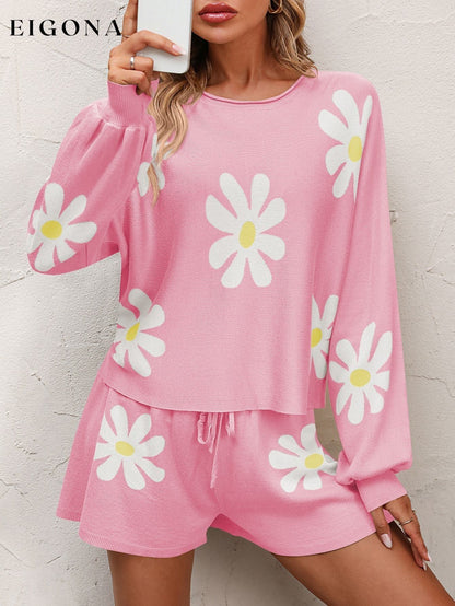 Floral Print Raglan Sleeve Knit Top and Tie Front Sweater Shorts Set Carnation Pink clothes lounge lounge wear loungewear Mandy sets Ship From Overseas trend