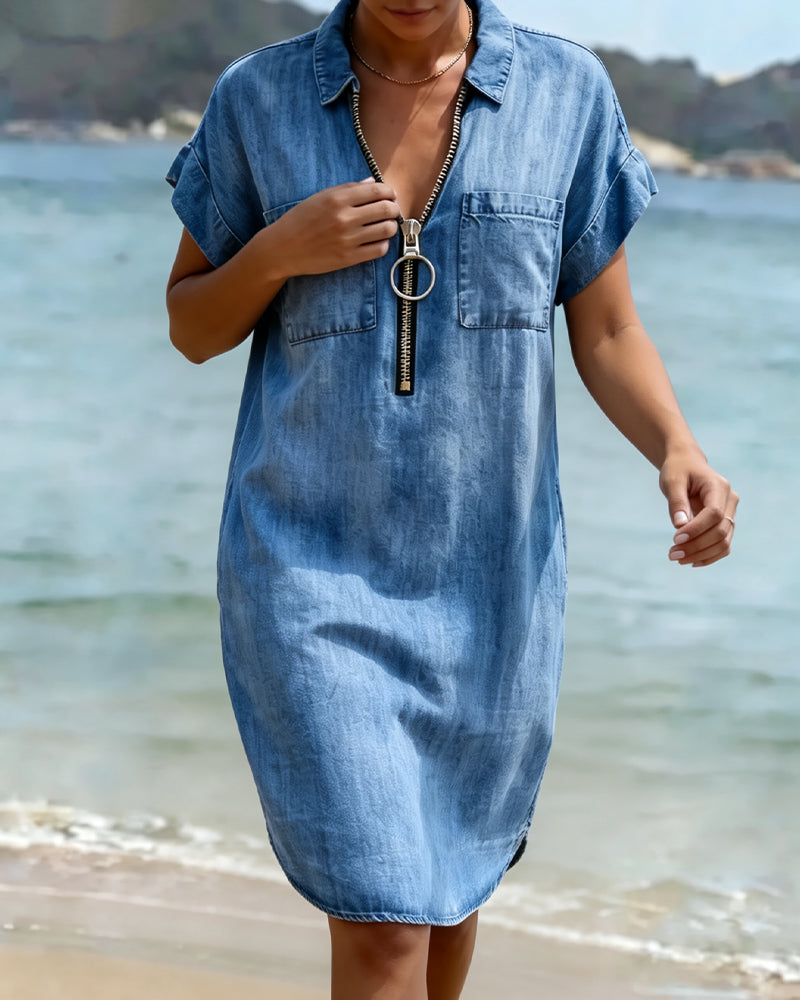 Half-Zip Denim Straight Dress