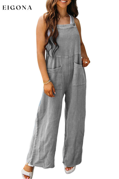 Gray Textured Wide Leg Overall with Pockets All In Stock clothes Early Fall Collection Fabric Linen lounge wear loungewear Occasion Daily pantsv Print Solid Color Season Summer Silhouette Wide Leg Style Casual wide leg overall