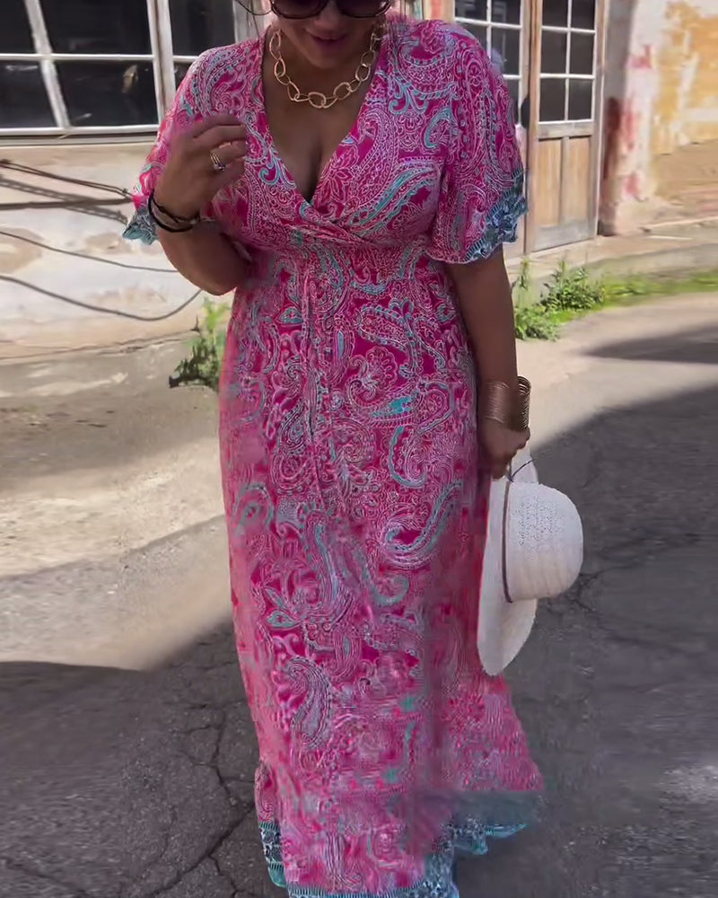 V-Neck Printed Waist Dress