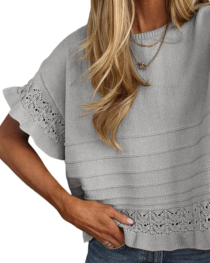 Round Neck Ruffled Hem Hollow Out Blouse