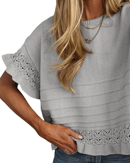 Round Neck Ruffled Hem Hollow Out Blouse