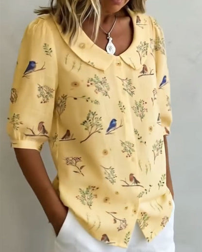 Bird Pattern Peter Pan Collar Shirt