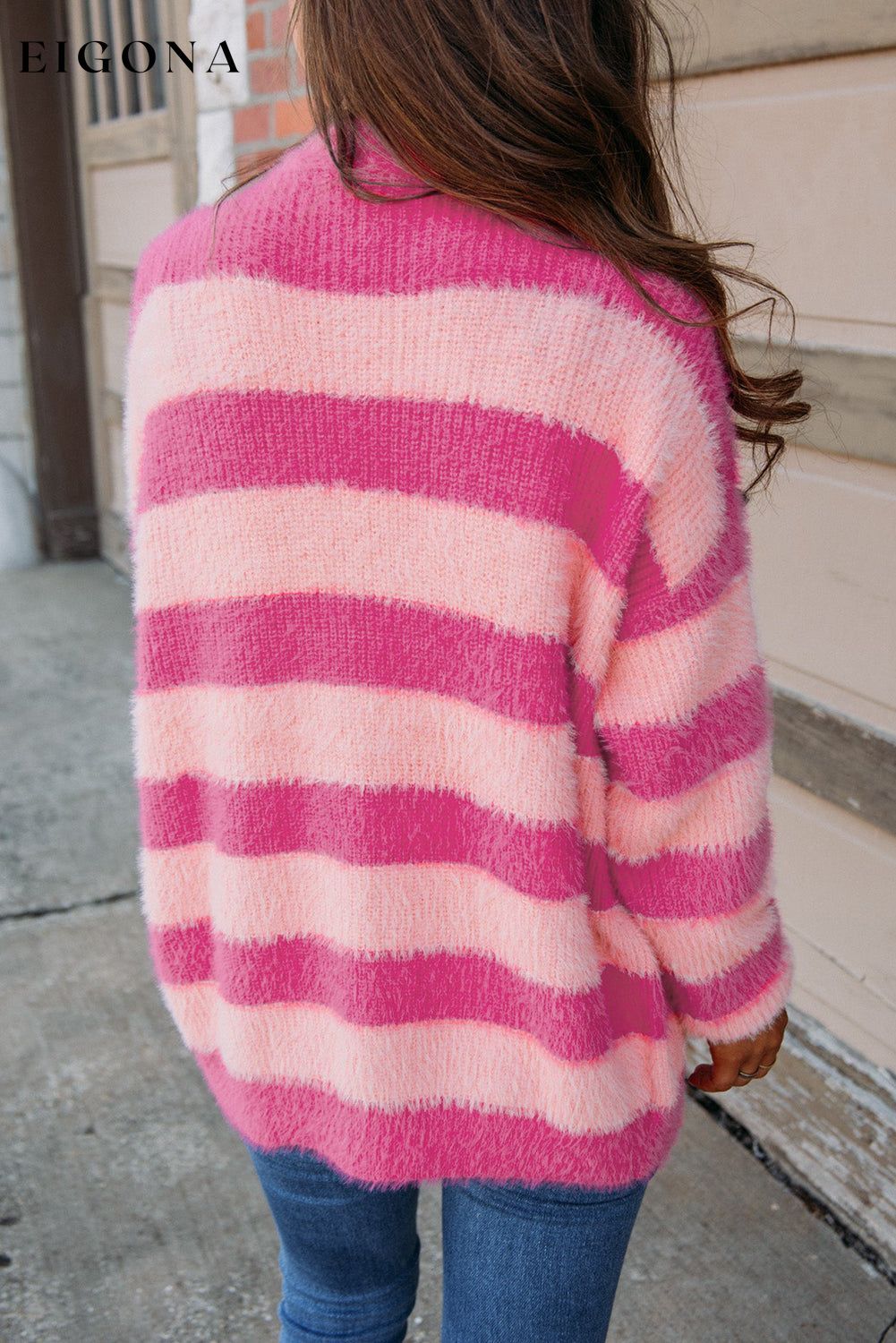Strawberry Pink Colorblock Striped Buttoned Fuzzy Cardigan Sweater All In Stock cardigan cardigans clothes Color Pink EDM Monthly Recomend Occasion Daily Print Color Block Season Winter Style Southern Belle Sweater sweaters