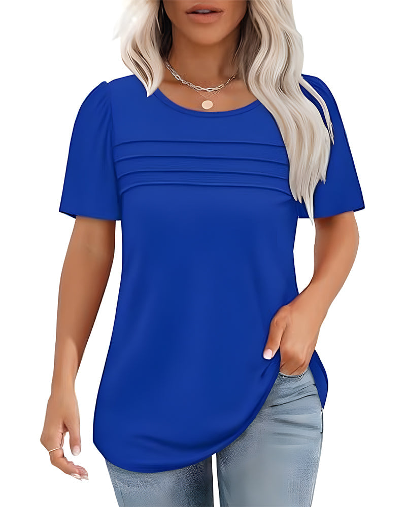 Pleated Loose Round Neck Short Sleeve T-Shirt