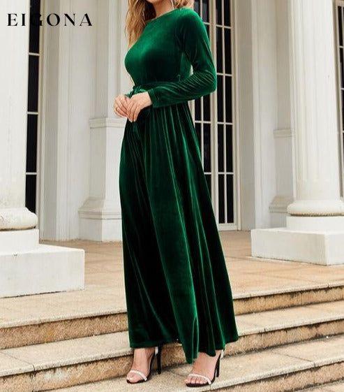 Tie Front Round Neck Long Sleeve Maxi Dress Green A@Y@Y clothes Ship From Overseas