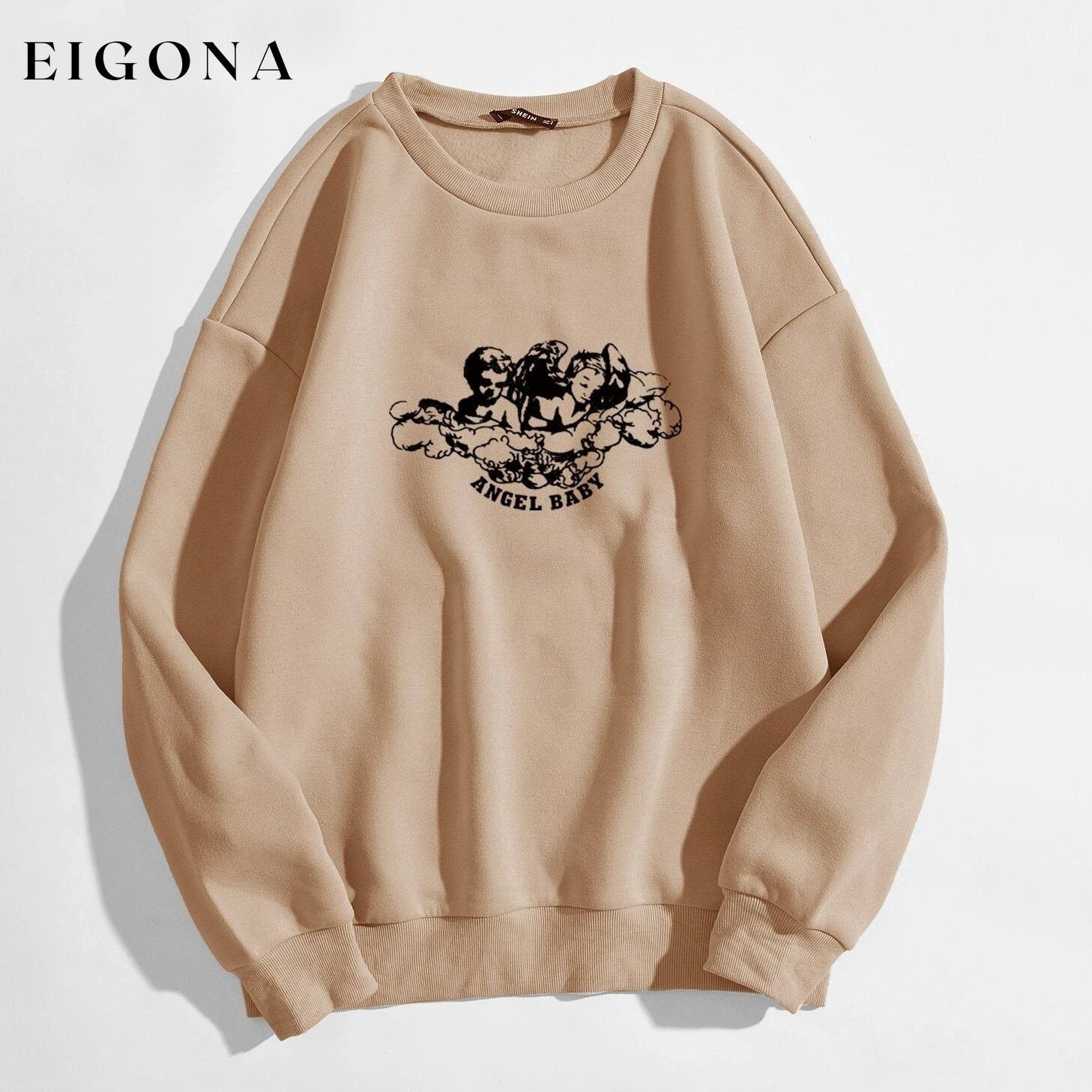 Angel and Letter Graphic Oversized Thermal Sweatshirt Apricot __stock:500 clothes refund_fee:800 tops