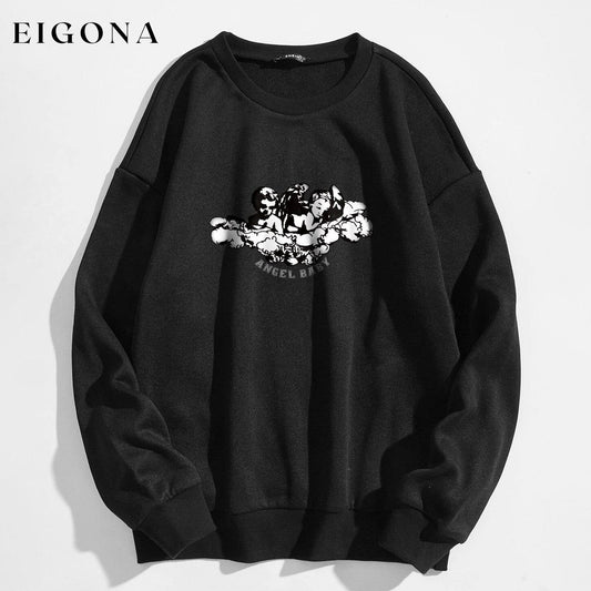 Angel and Letter Graphic Oversized Thermal Sweatshirt Black __stock:500 clothes refund_fee:800 tops