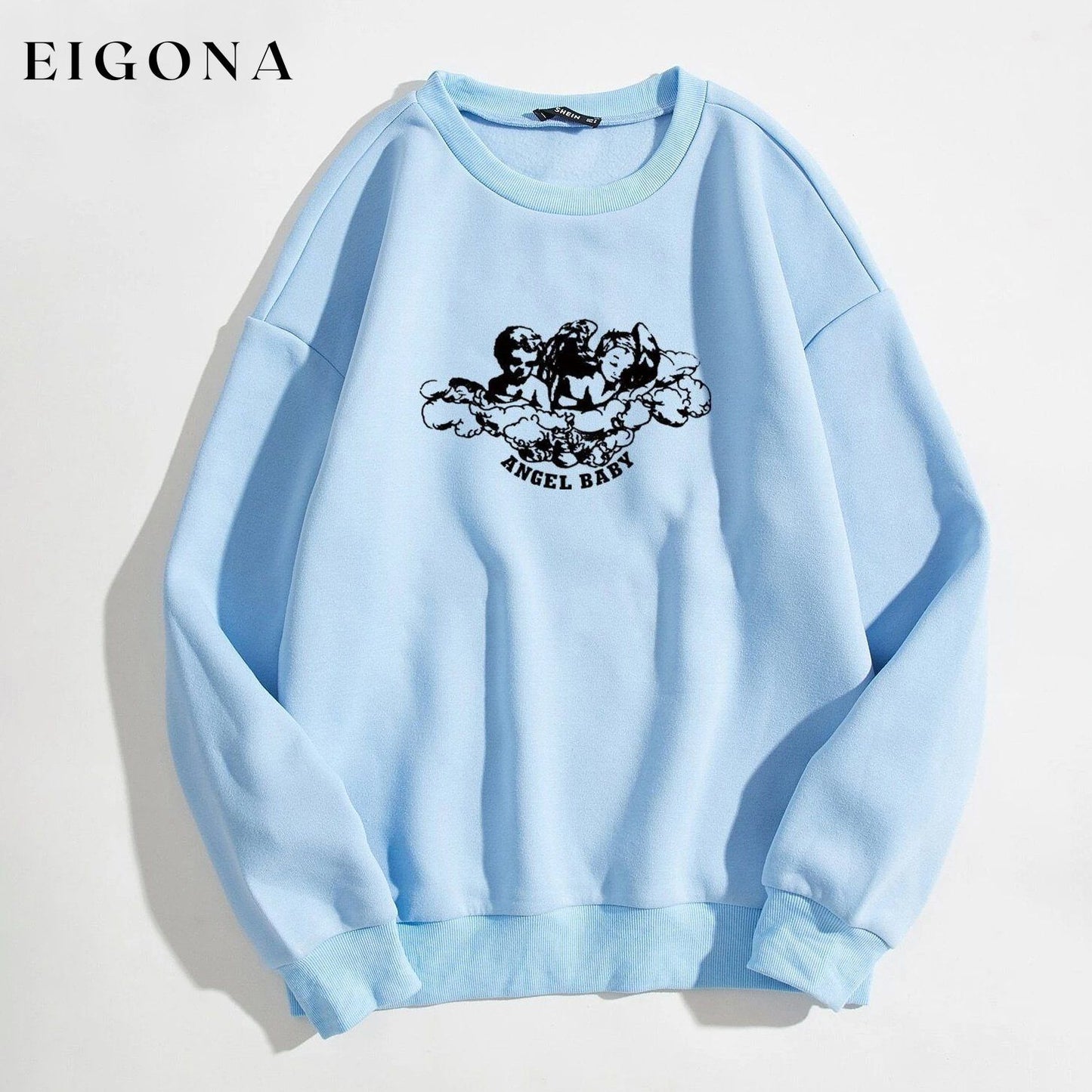 Angel and Letter Graphic Oversized Thermal Sweatshirt Blue __stock:500 clothes refund_fee:800 tops