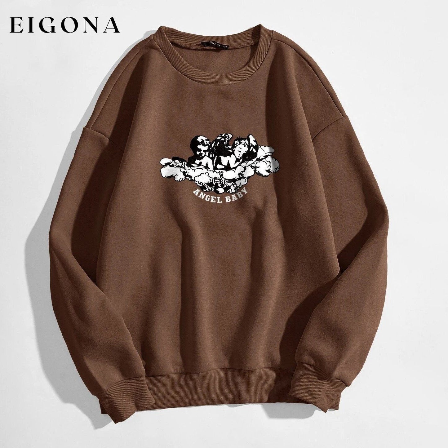 Angel and Letter Graphic Oversized Thermal Sweatshirt Brown __stock:500 clothes refund_fee:800 tops