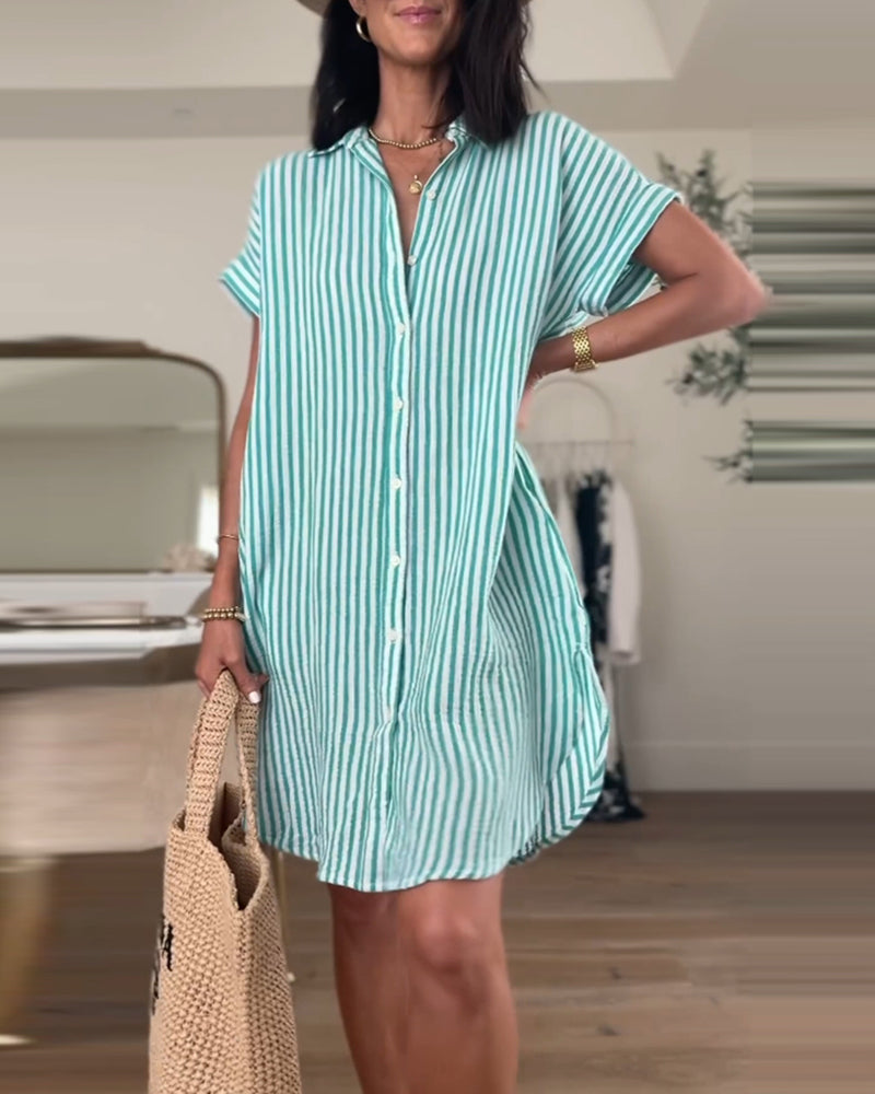 Casual vertical stripe print lapel short-sleeve dress 202466 casual dresses summer