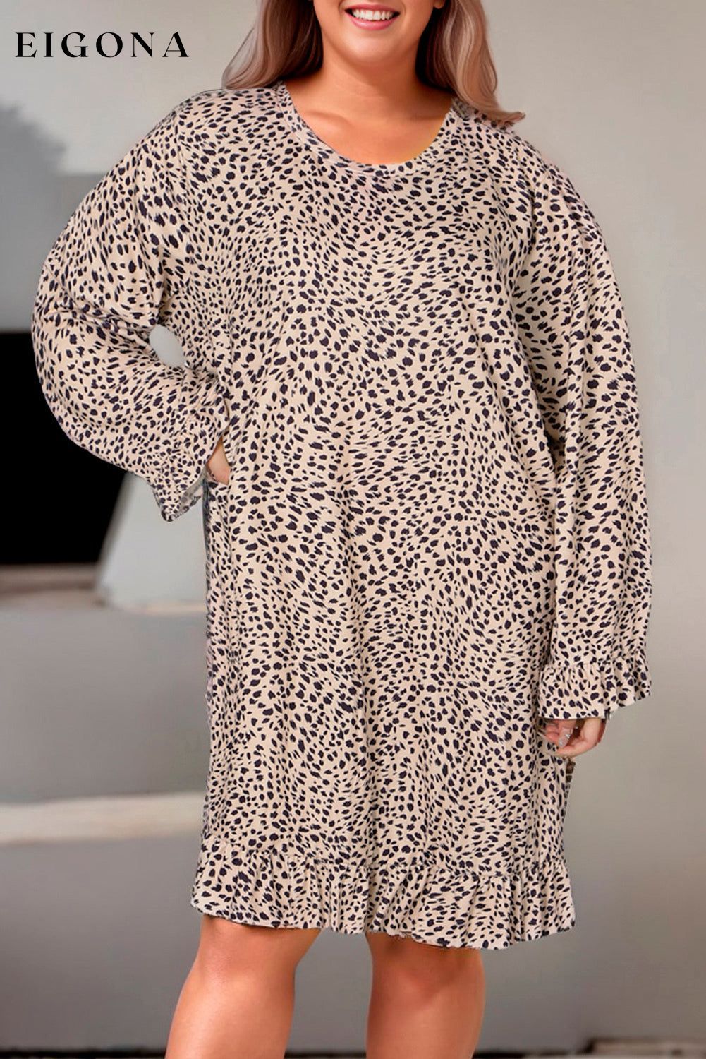 Plus Size Leopard Print Long Sleeve Mini Dress clothes dress dresses mini dress Ship From Overseas SYNZ trend