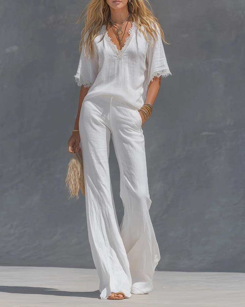Lace V-Neck Bell Sleeve Fashion Set