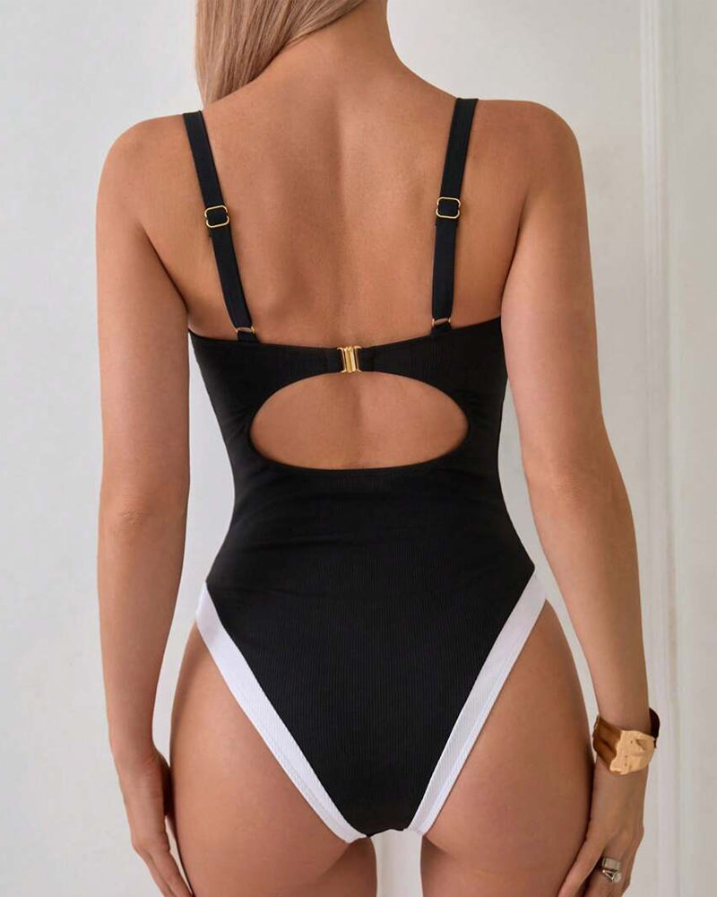 Contrast Color Triangle One-Piece Swimsuit