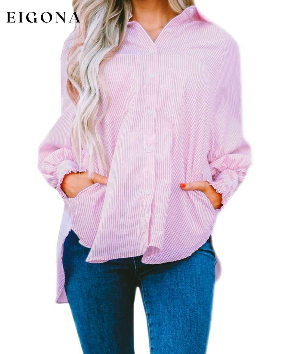 Pink Smocked Cuffed Striped Boyfriend Shirt with Pocket All In Stock button down womens clothes Color Pink Craft Smocked DL Exclusive Early Fall Collection long sleeve shirts long sleeve top Occasion Daily Print Stripe Season Spring Stripe tops Style Modern tops