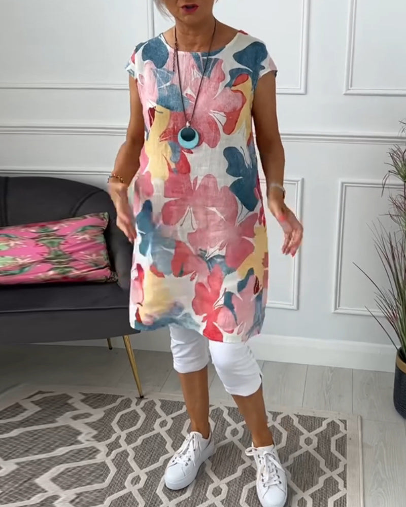 Colorful floral print casual long top