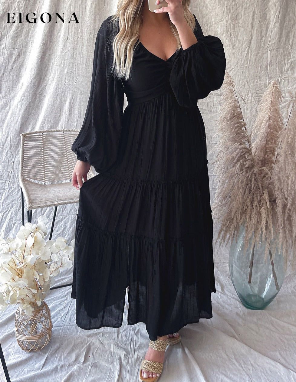Black V Neck Bowknot Cutout Frill Tiered Maxi Dress All In Stock clothes dress dresses EDM Monthly Recomend Fabric Sheer long sleeve dress long sleeve dresses maxi dress maxi dresses Occasion Daily Print Solid Color Season Spring Silhouette A-Line Style Southern Belle