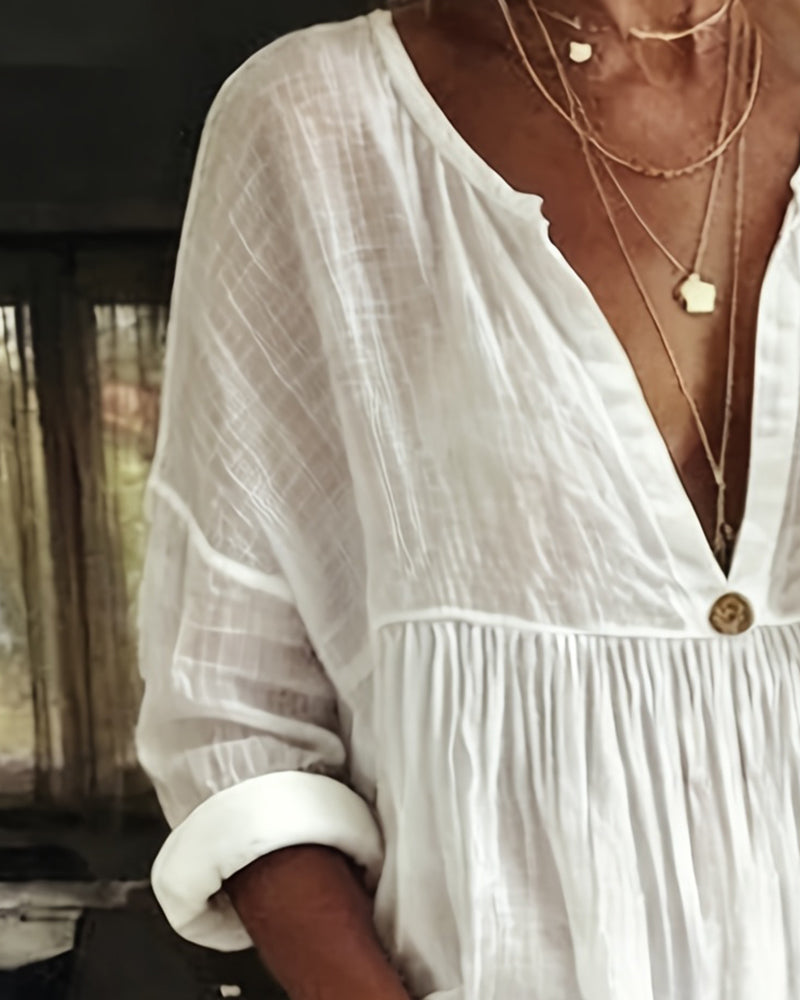 V-Neck Half Placket Long Sleeve Blouse