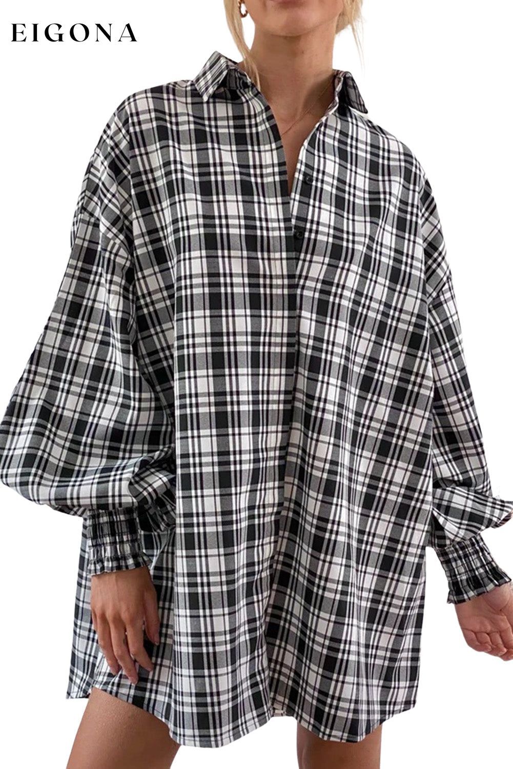 Multicolour Bishop Sleeve, Long Sleeve Plaid Oversized Button Down Shirt clothes long sleeve shirt long sleeve shirts long sleeve top long sleeve tops shirt shirts top tops