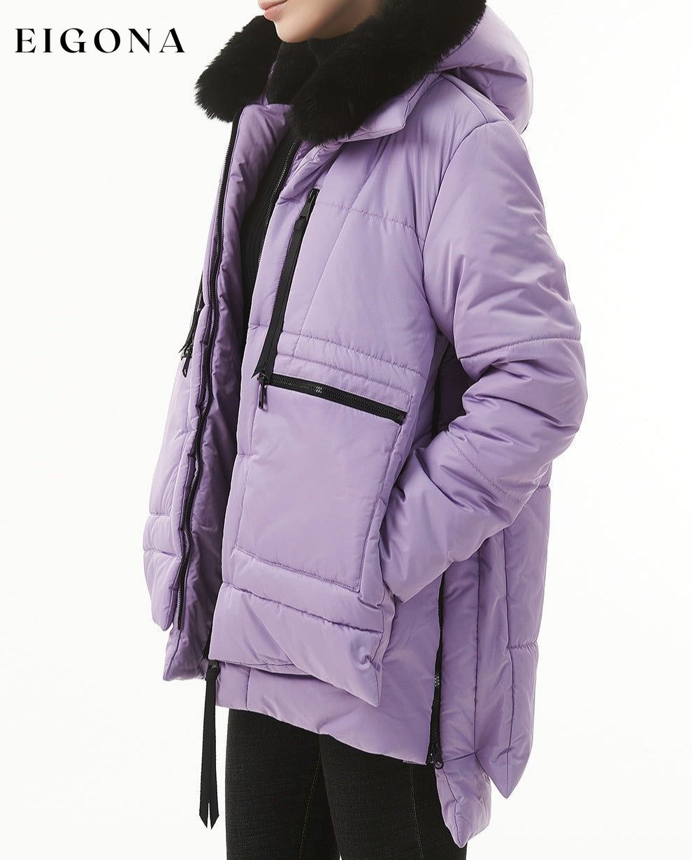 Wisteria Plush Linen Zip Up Hooded Puffer Coat clothes Color Purple Fabric Fleece Jackets & Coats Print Solid Color Season Winter Style Casual