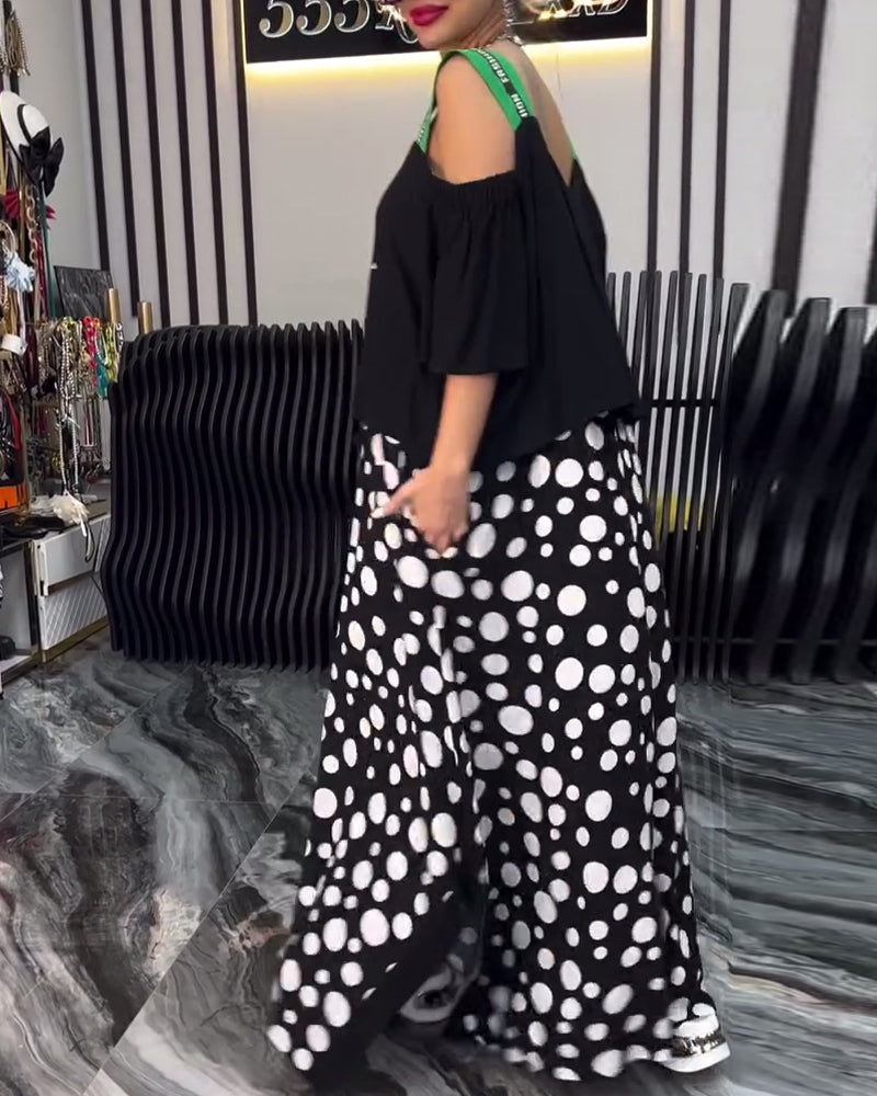 Abito casual patchwork a pois con bretelle