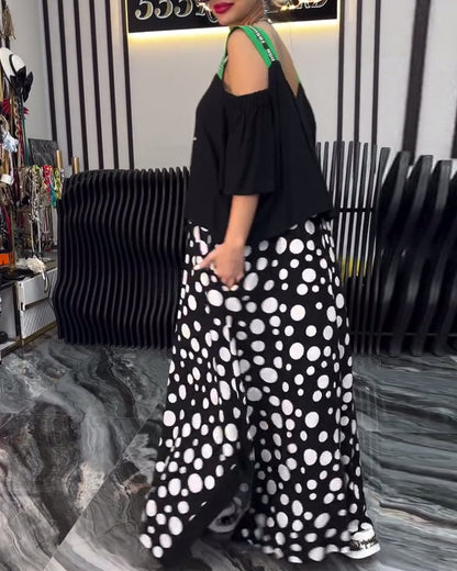 Abito casual patchwork a pois con bretelle