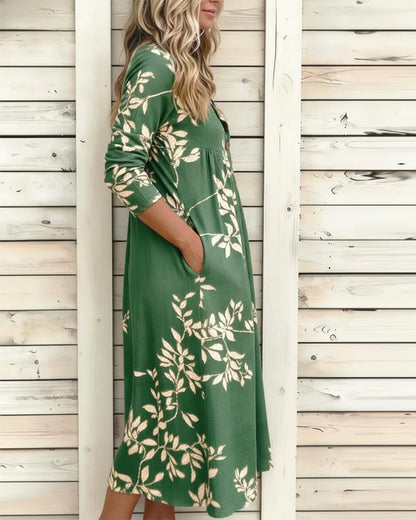 Botanical Print Button Shirred Dress