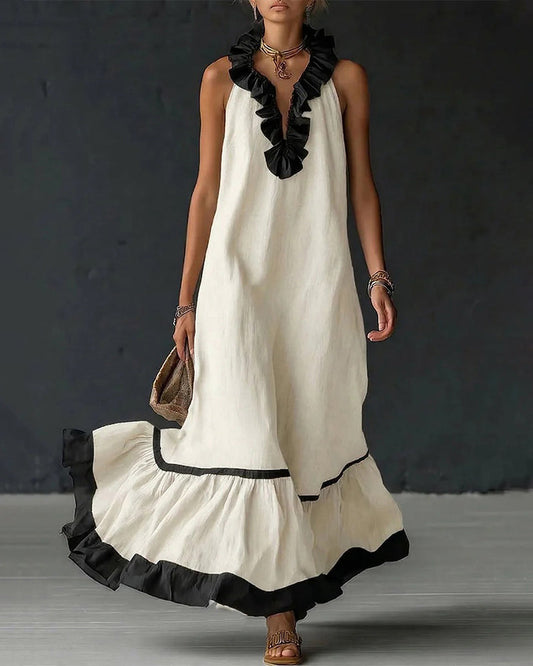 Contrast Ruffled Sleeveless Long Dress