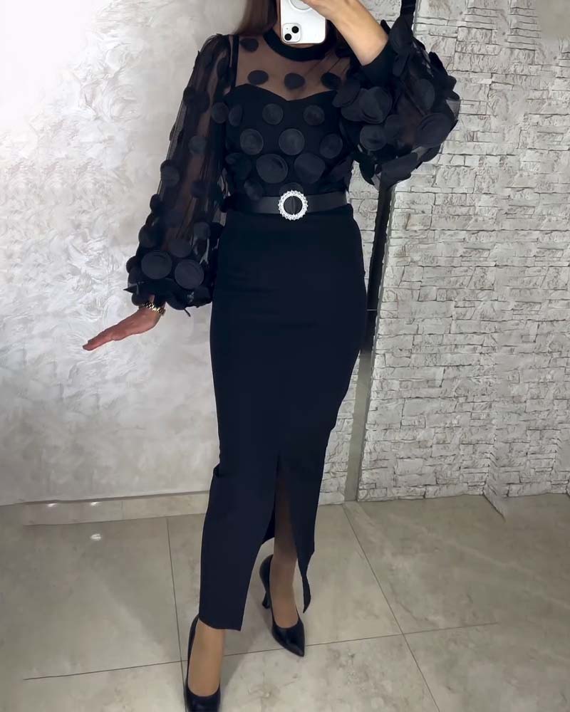 French-Style Lantern Sleeve Fitted Dress