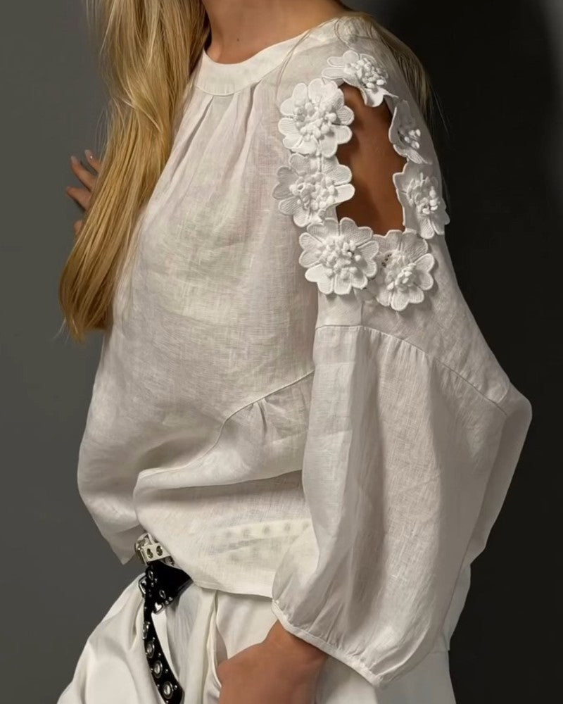 Crewneck Cut-Out Off-Shoulder 3D Floral Blouses
