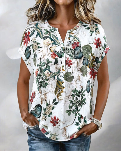 V-Neck Botanical Print Casual Blouse