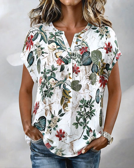 V-Neck Botanical Print Casual Blouse spring summer v领清新植物印花衬衫wf117786