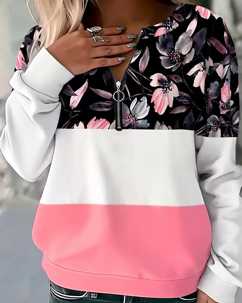 Floral Print Color Block Half Zipper Sweatshirt