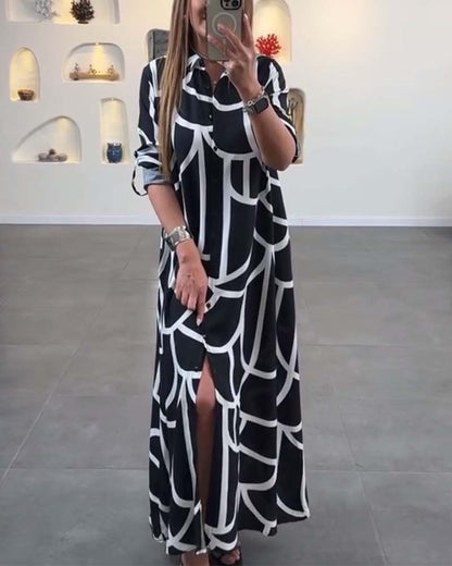 Contrast printed lapel long slit dress casual dresses spring summer