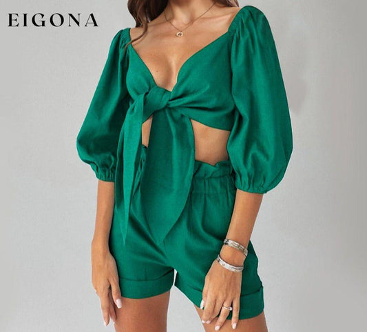 Cutout Puff Sleeve Top and Shorts Set Teal clothes crop top croptop MDML sets Ship From Overseas Shipping Delay 09/29/2023 - 10/02/2023 trend
