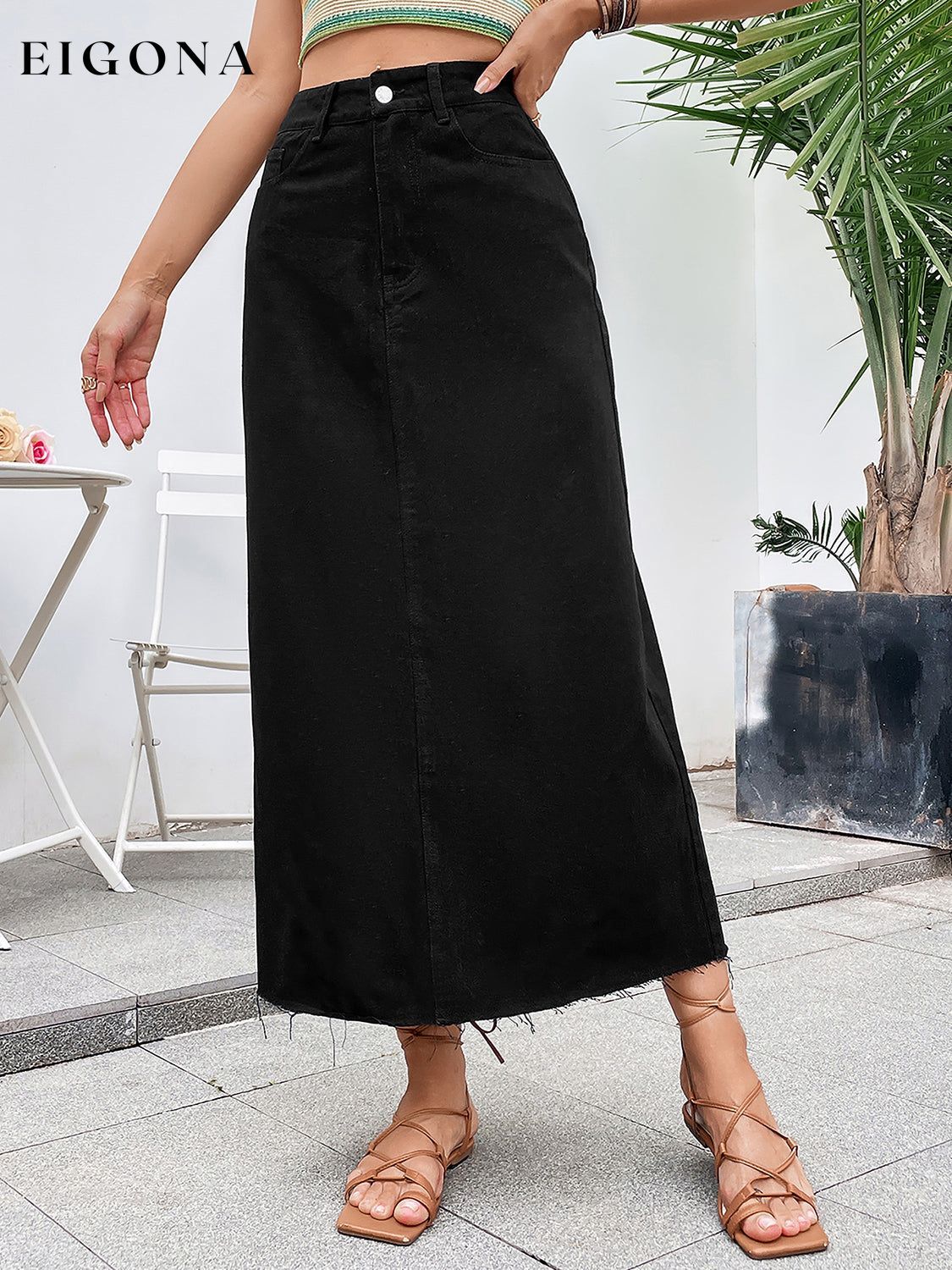 Raw Hem Midi Denim Skirt bottoms clothes denim skirts midi skirts Ship From Overseas Shipping Delay 09/29/2023 - 10/01/2023 skirt skirts Women's Bottoms Y@X@N@H