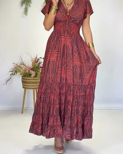 Bohemian V-Neck Pleated Long Dress