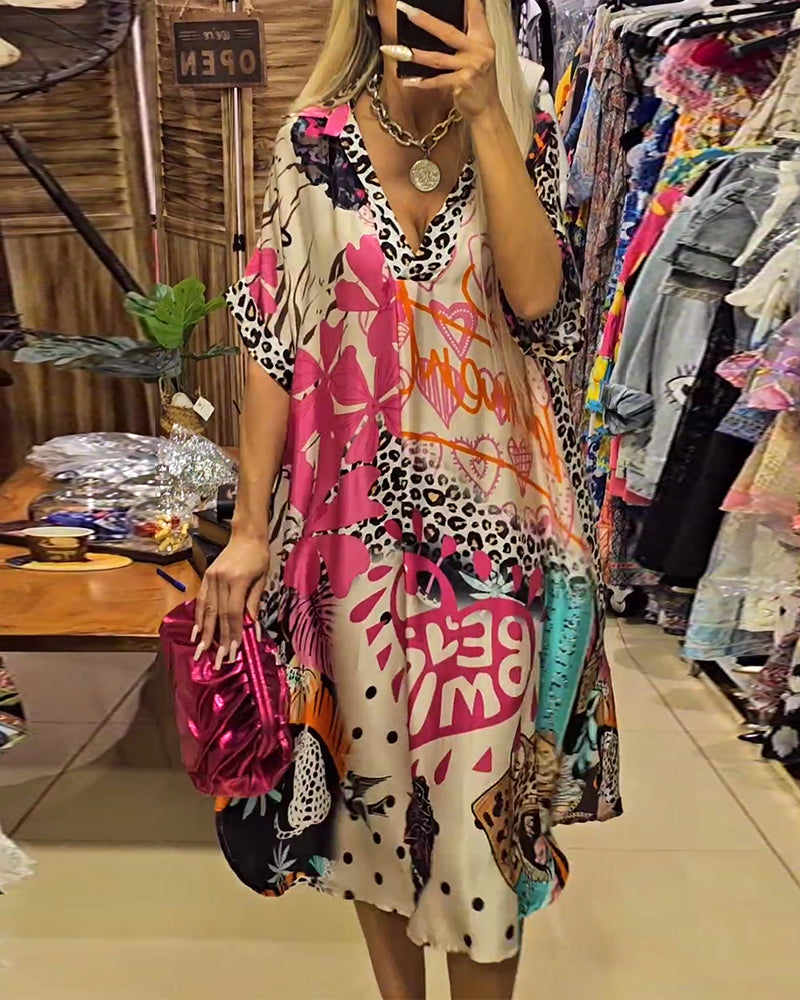 Casual leopard and colorful print deep V dress casual dresses spring summer