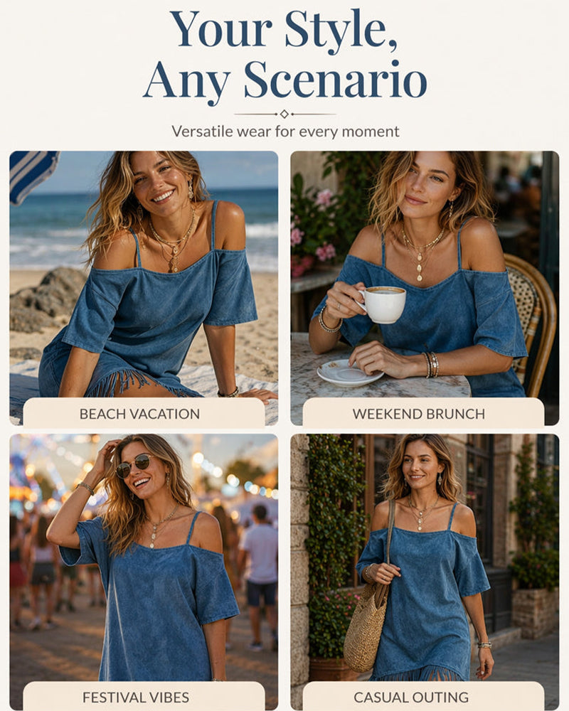 Spaghetti Strap Fringe Solid Off-Shoulder Dress