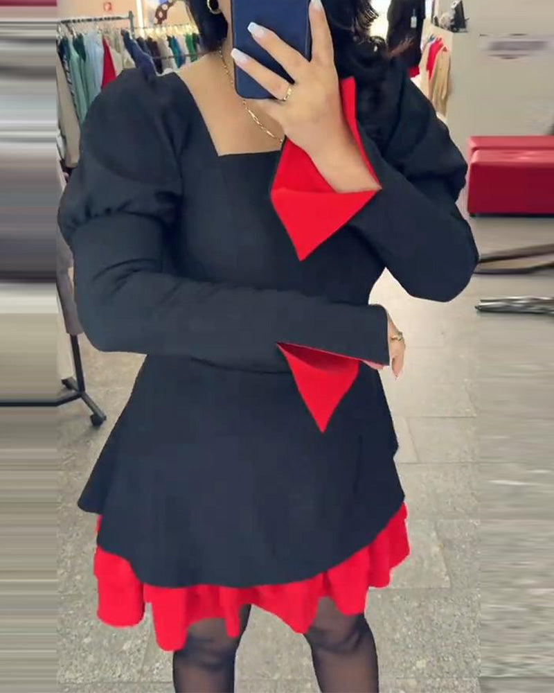 Slit Bell Sleeves Patchwork A Hem Dress