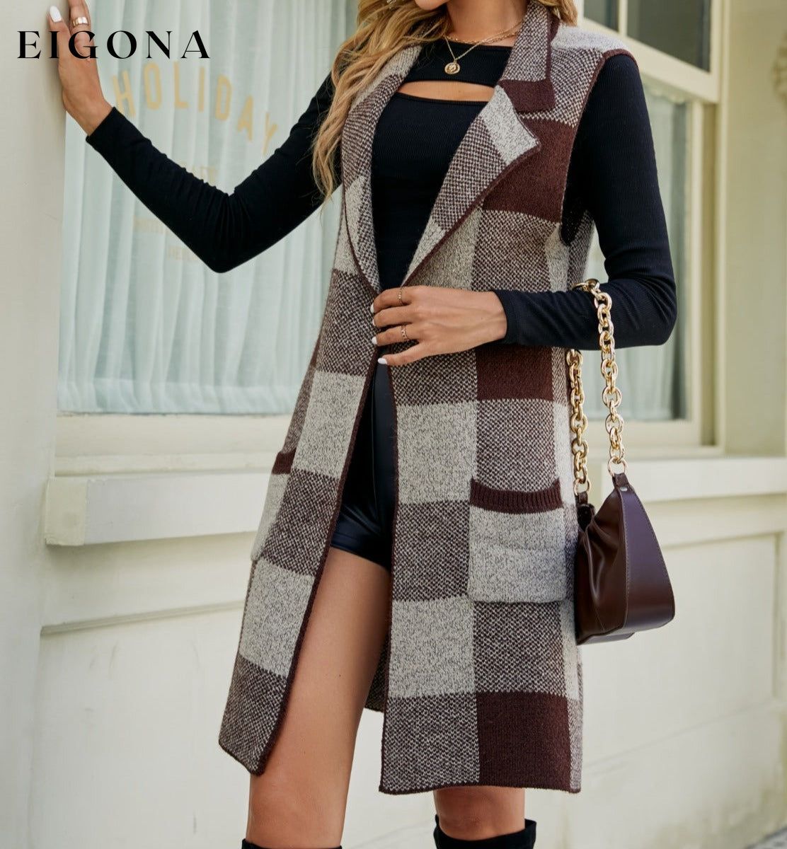 Plaid Lapel Collar Sleeveless Long Cardigan cardigan cardigans clothes Ship From Overseas Yh