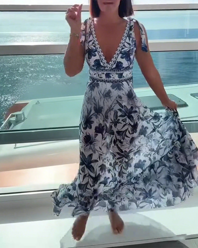 Vacation-Style Printed Deep V-Neck One-Piece Set