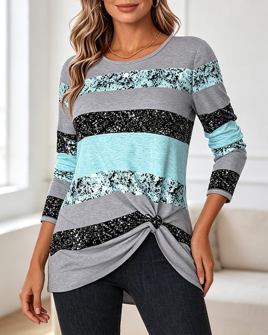 Crew-Neck Stripe Colorblock Long-Sleeve Top 2024 f/w spring tops