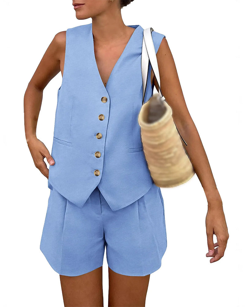 V-Neck Single-Breasted Tank Top Short Set